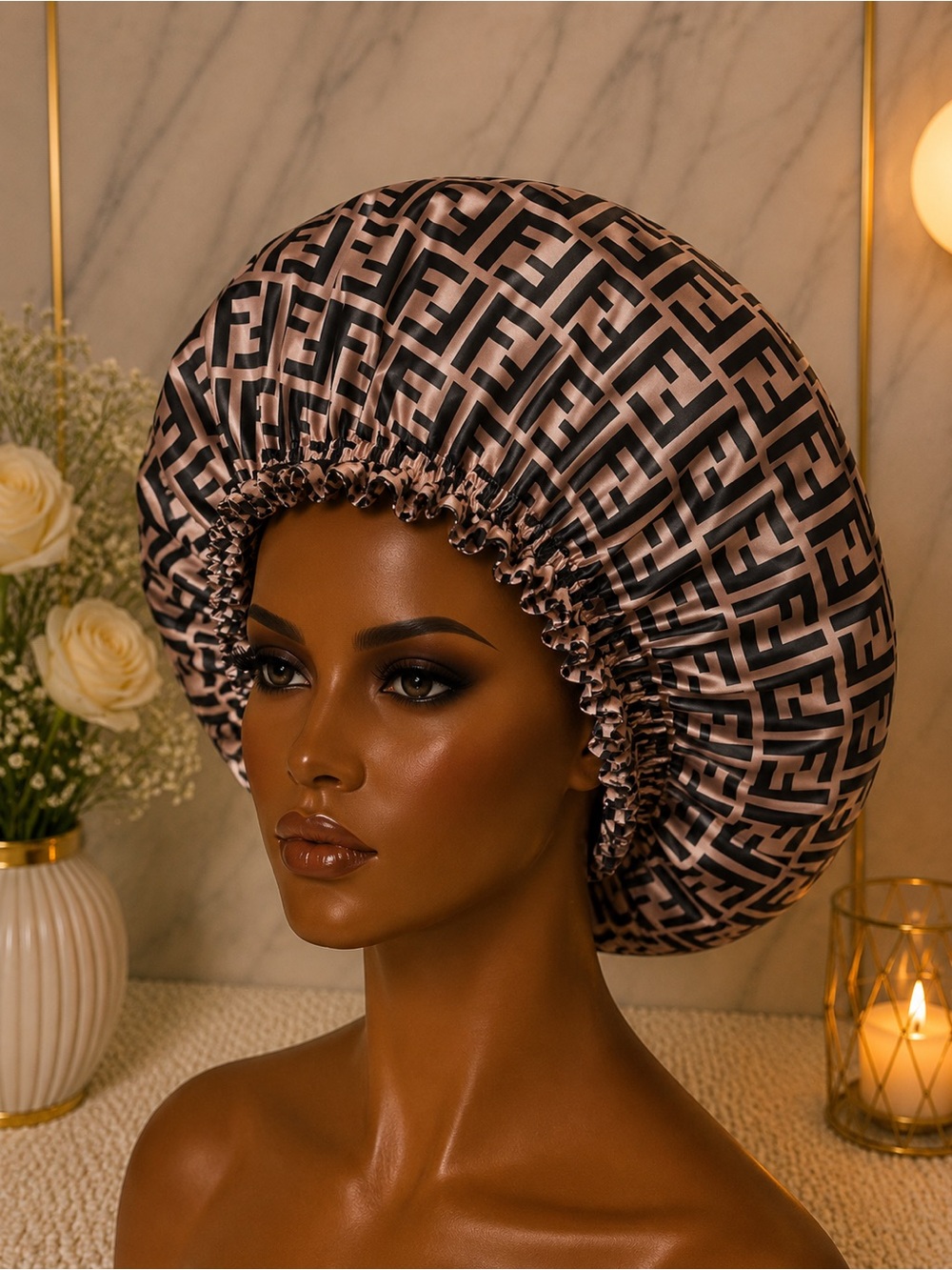 Satin Printed Shower Bonnet in Black & Taupe